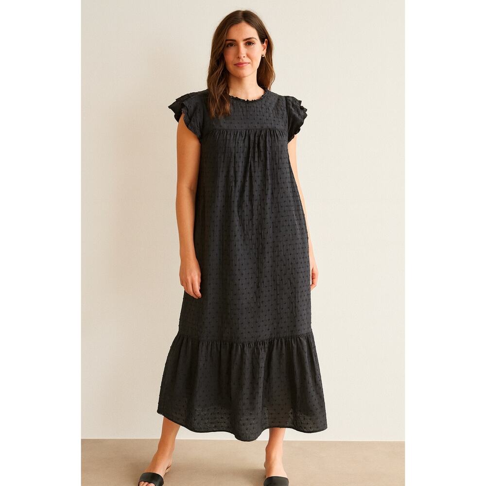 Black Swiss Dot Cotton Ruffle Sleeve Tiered Midi Dress | Boho Cottagecore | M
